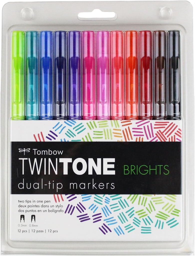 Pack of 12 Tombow TwinTone dual-tip markers in bright colors, featuring green, blue, purple, pink, red, and black markers.