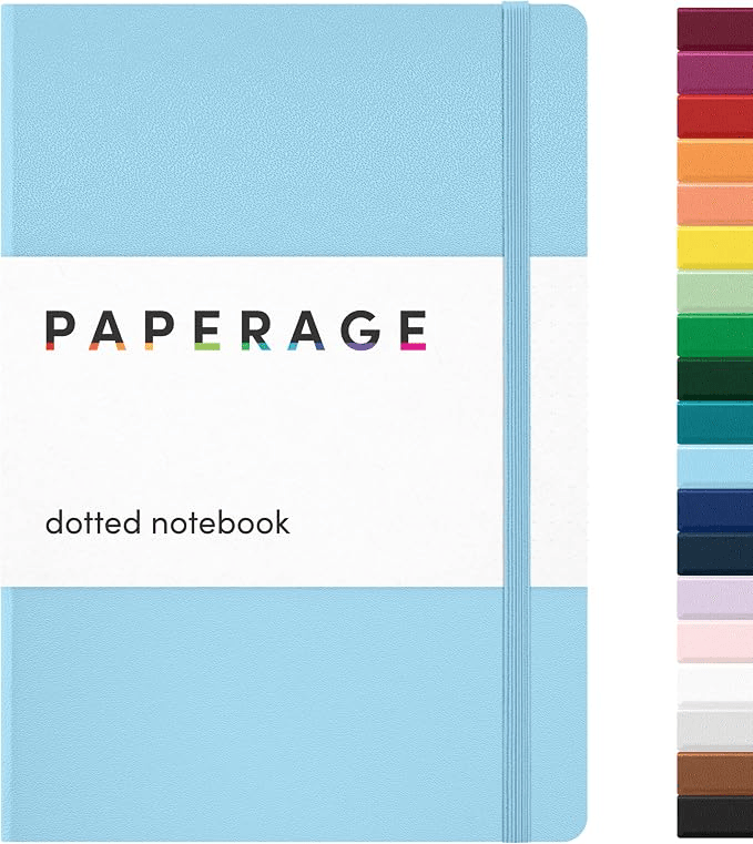 Light blue dotted notebook with a white band labeling it as 'PAPERAGE', accompanied by a color palette on the right showcasing various notebook colors.